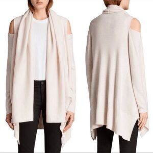 ALLSAINTS Cava Cold Shoulder Draped Open Cardigan Almond Medium FLAW